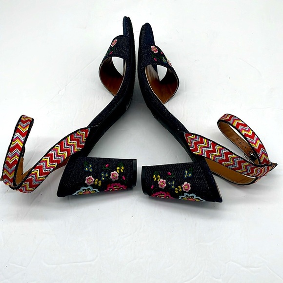 Indigo Rd Embroidered Floral Blue Denim Heels Irbadie Open Toe Size 7.5M Boho - Picture 6 of 17